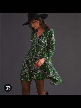 Anthropologie Green Paisley Tiered V-Neck Mini Dress